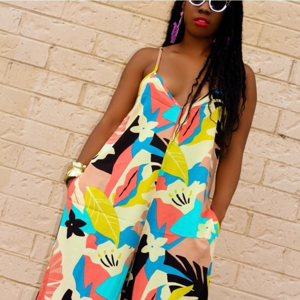 LUUKSE Tropical Print Wide-Leg Romper Jumpsuit Sz-Small - Picture 2 of 6